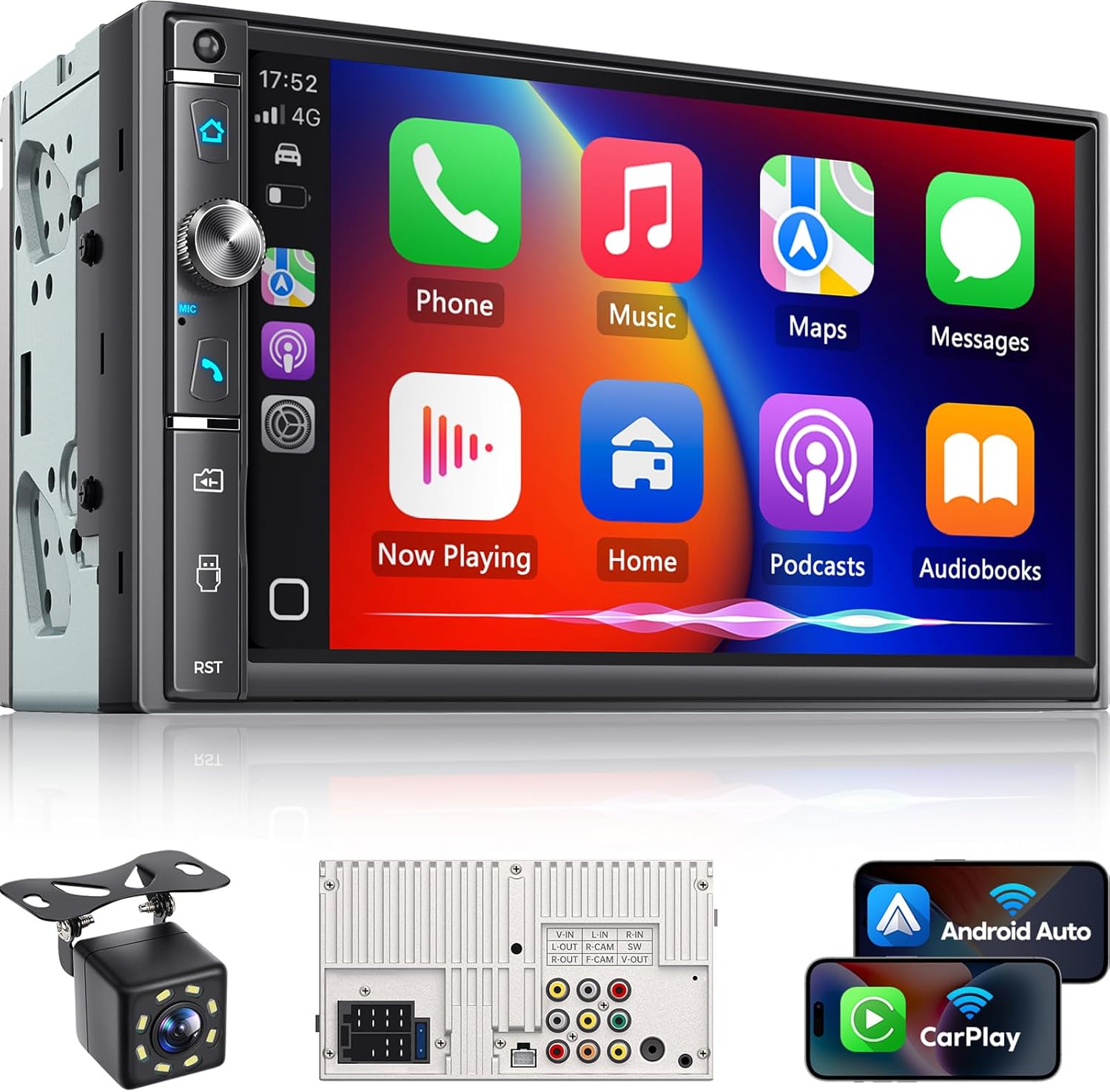 Double Din Car Stereo with 7in Touchscreen and Wireless Carplay