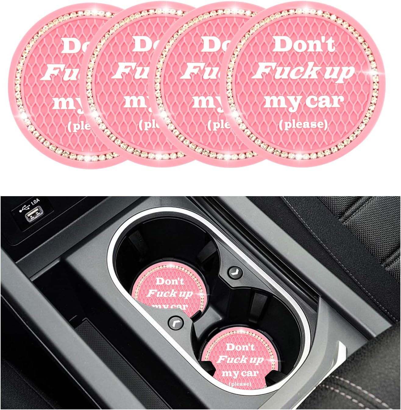 Pink Rhinestone Car Cup Coasters Set - Anti-Slip Glam for Her!