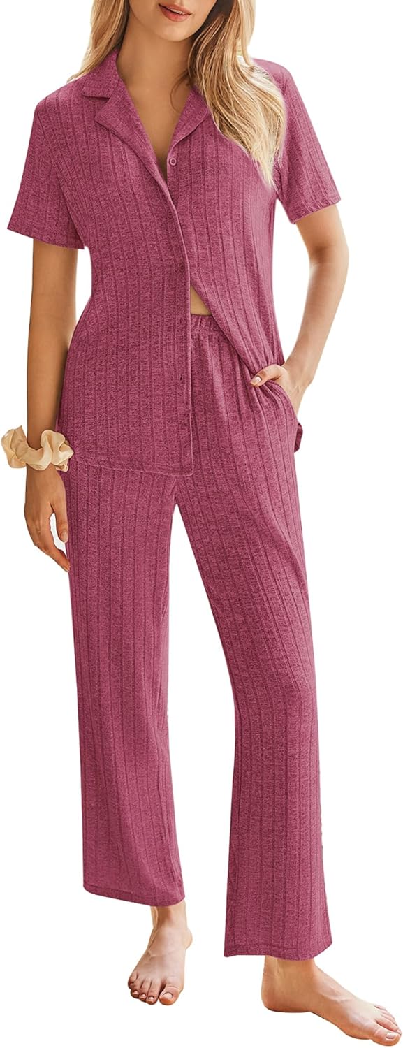 Ekouaer Womens Rib Knit Pajamas Set for Comfortable Sleepwear