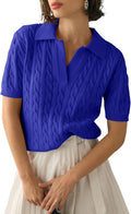Imily Bela Women's Cable Short Sleeve Sweater Top - Soft Casual V Neck