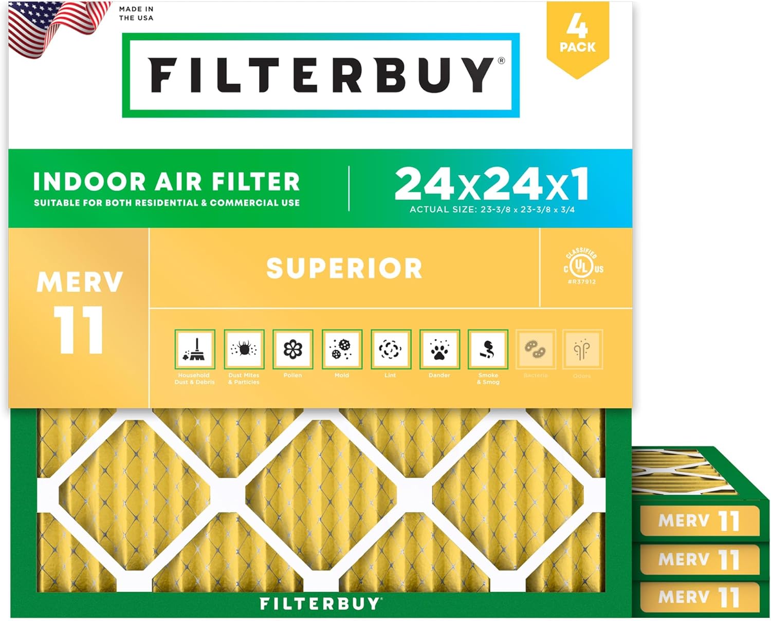 Filterbuy 24x24x1 Air Filter MERV 11 for Pet & Allergy Defense