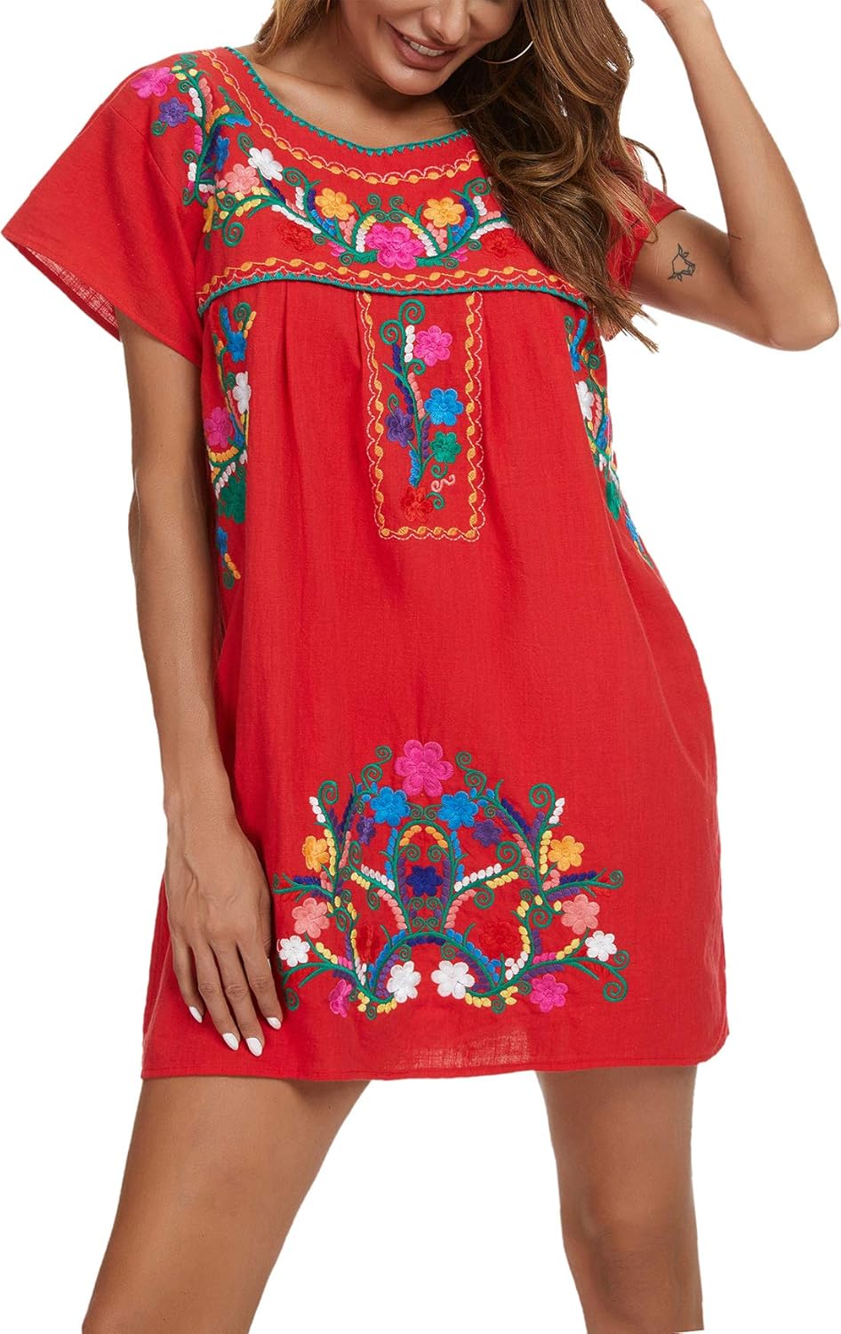 YZXDORWJ Women Mexican Embroidered Dress Short Sleeve Style