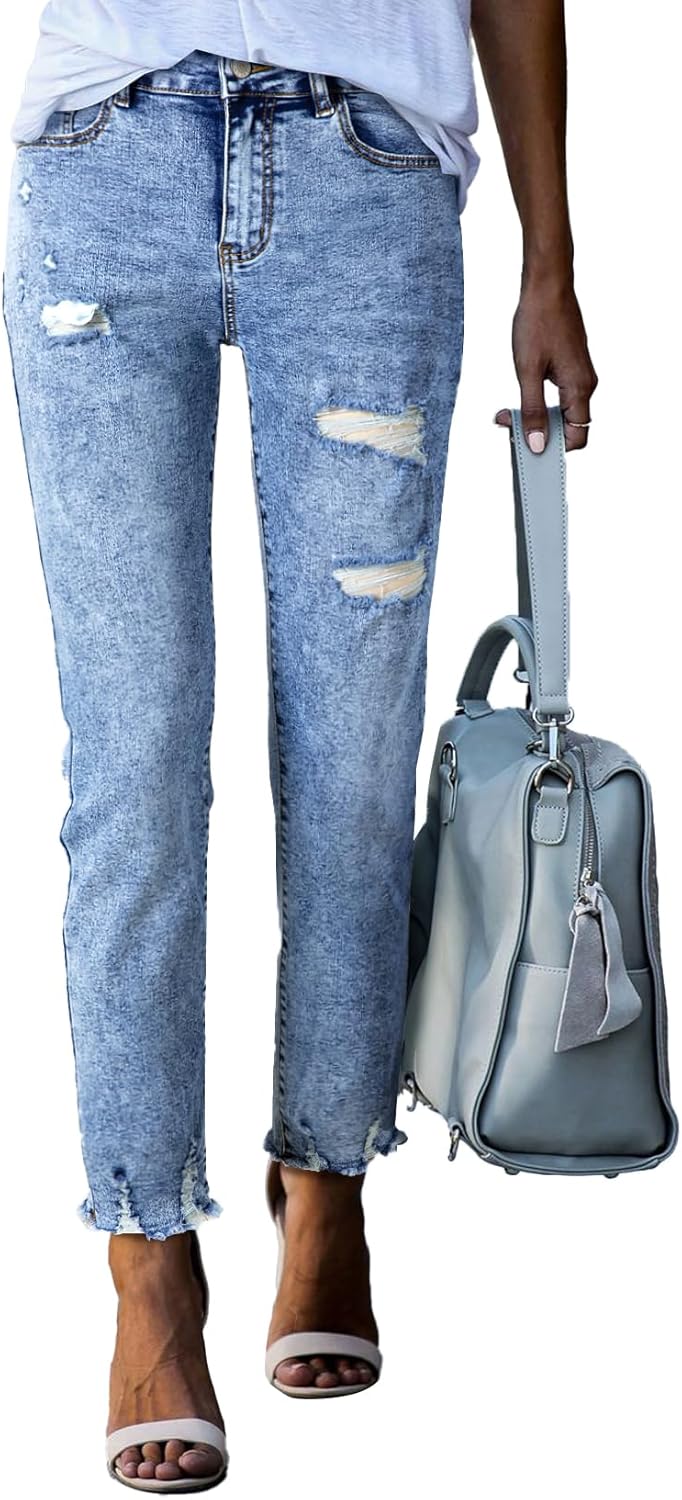 EVALESS Womens Jeans High Waisted Stretchy Ripped Distressed Fit