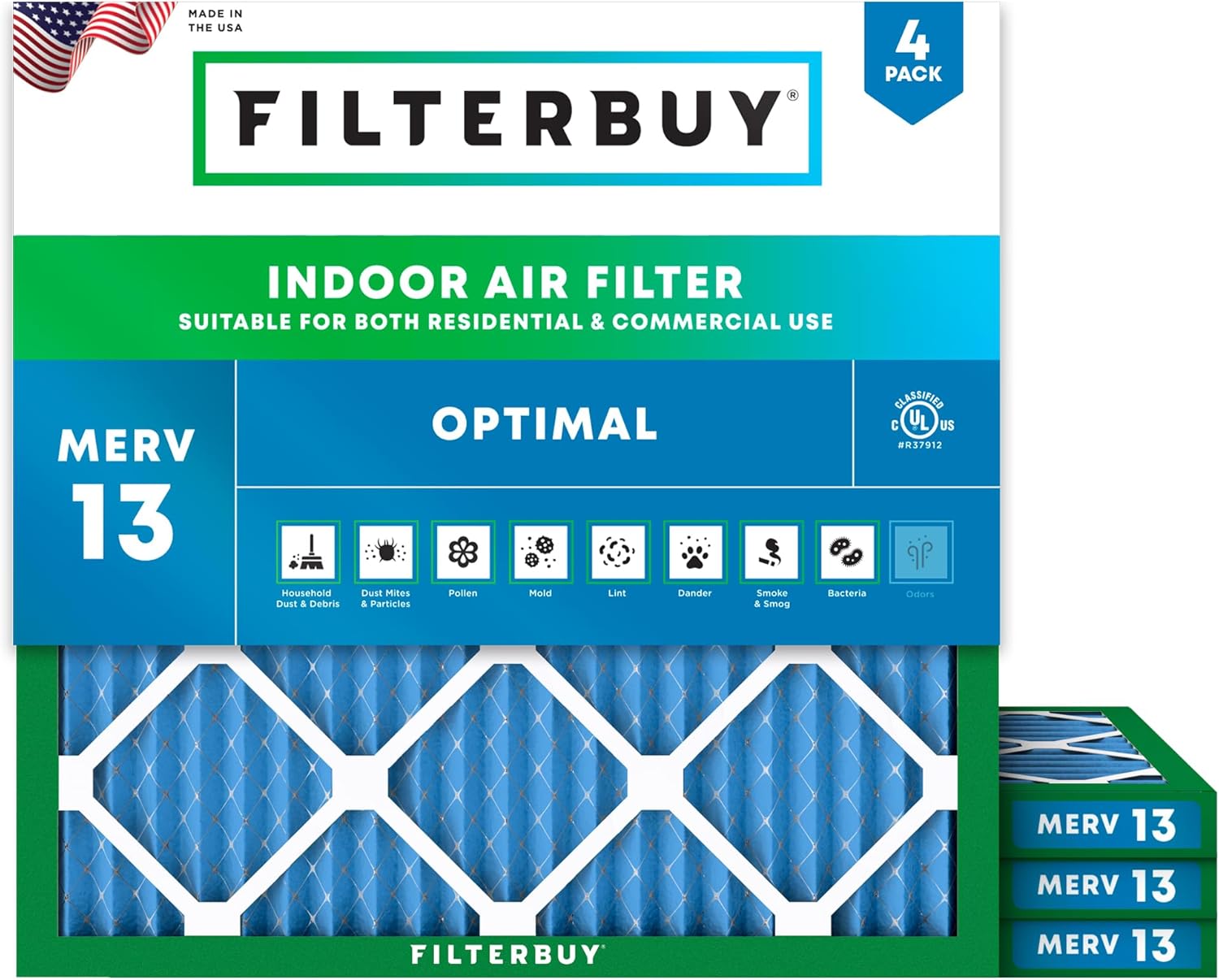 Filterbuy 18x18x1 Air Filter MERV 13 for Smoke & Allergy Defense