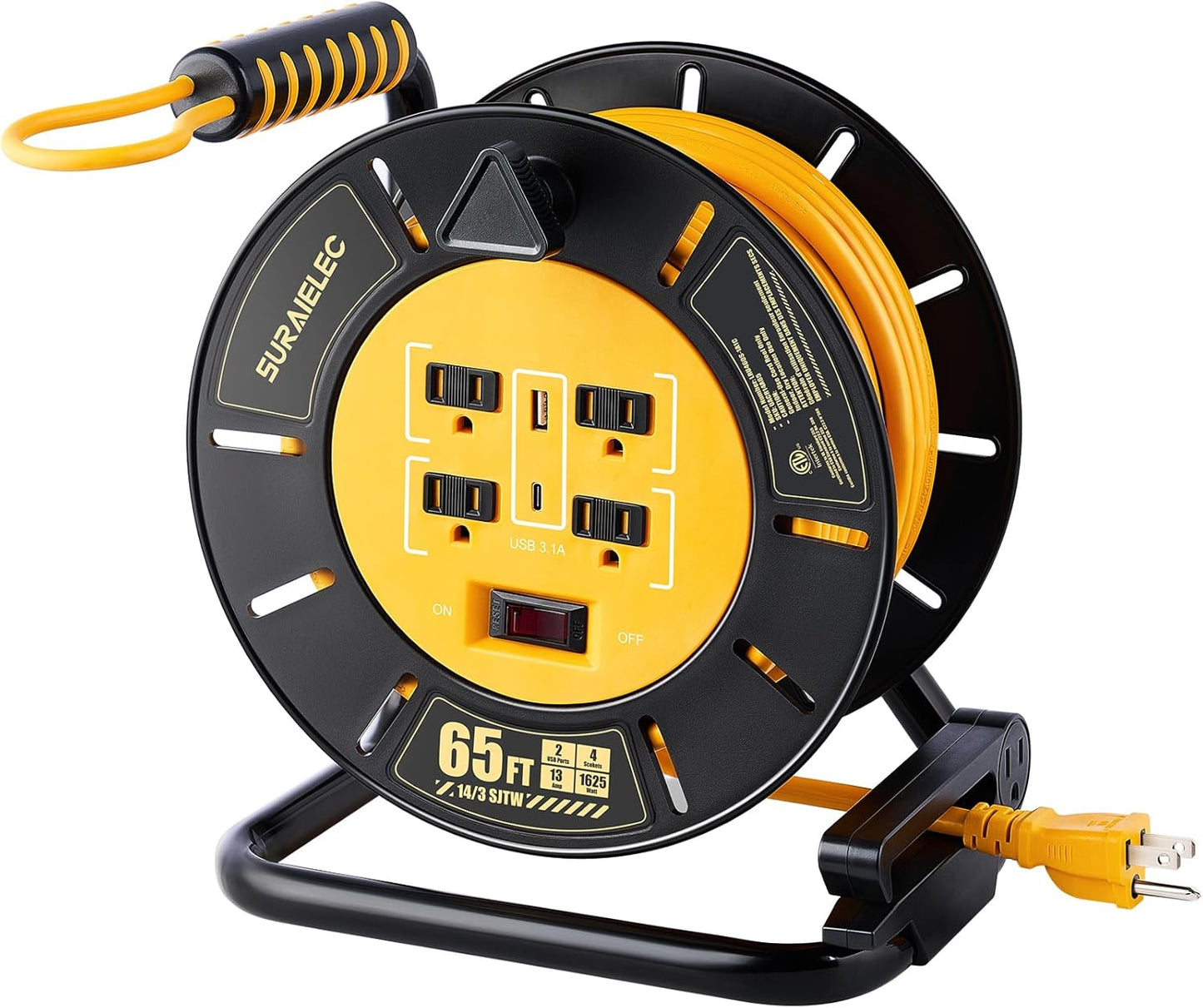 SURAIELEC 65 FT Extension Cord Reel with USB Ports for Power