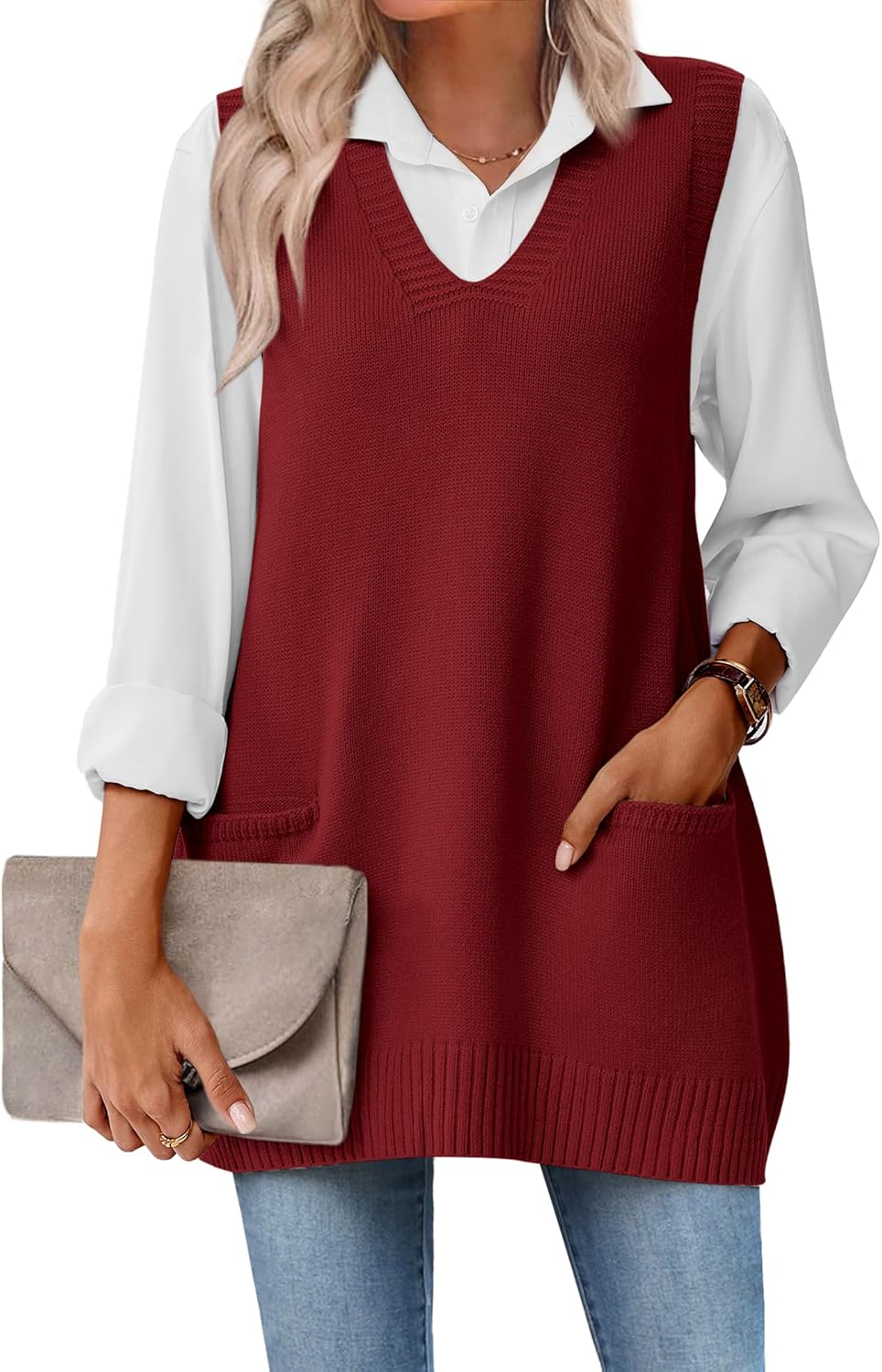 Zeagoo Women's Oversized V Neck Sweater Vest with Pockets