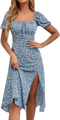 S PRIME Women's Floral Summer Midi Dress Square Neck Puff Sleeve