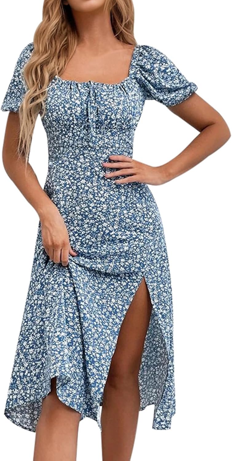 Floral Summer Casual Dress with Puff Sleeves and Split Design