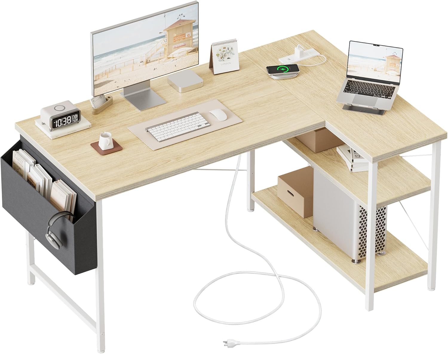 L Shaped Computer Desk with Power Outlets for Small Spaces
