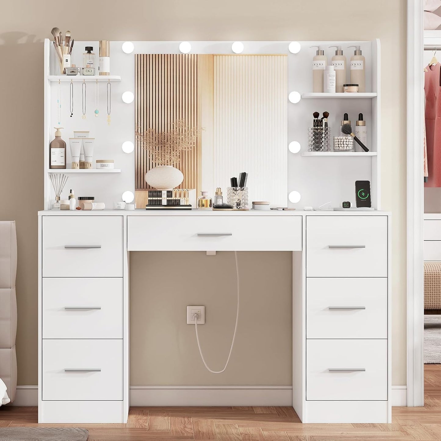 White Makeup Vanity Set with Lights & Storage
