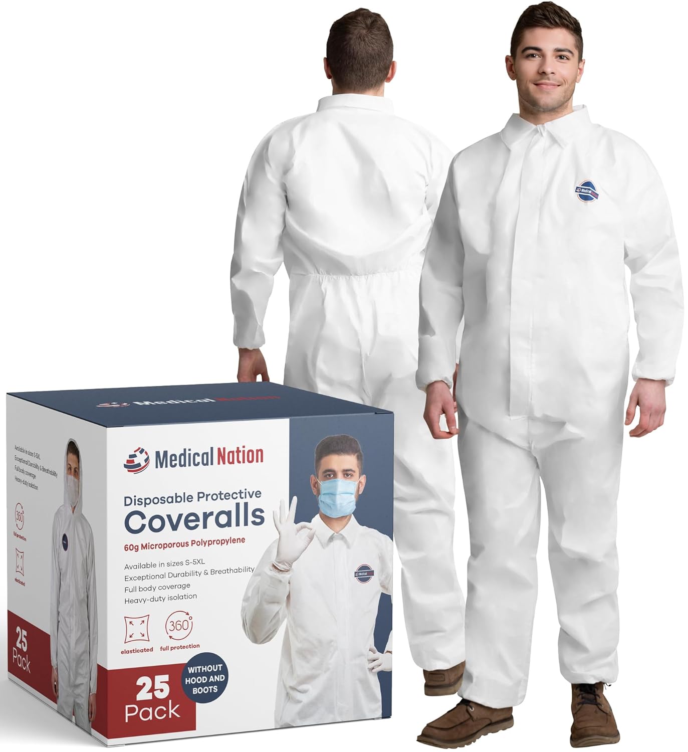 Hazmat Suits Disposable 25 Pack Large Non-Hooded Protective Coveralls