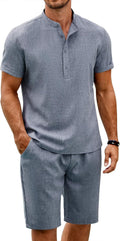 Men's Linen Short Set Henley Shirt and Drawstring Shorts - Breathable