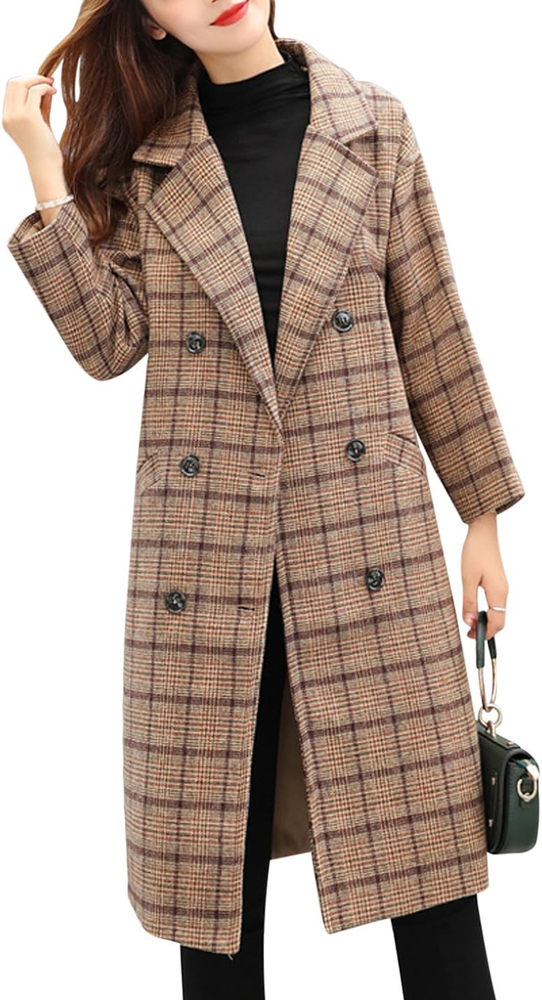 Tanming Women's Notch Lapel Double Breasted Wool Blend Coat