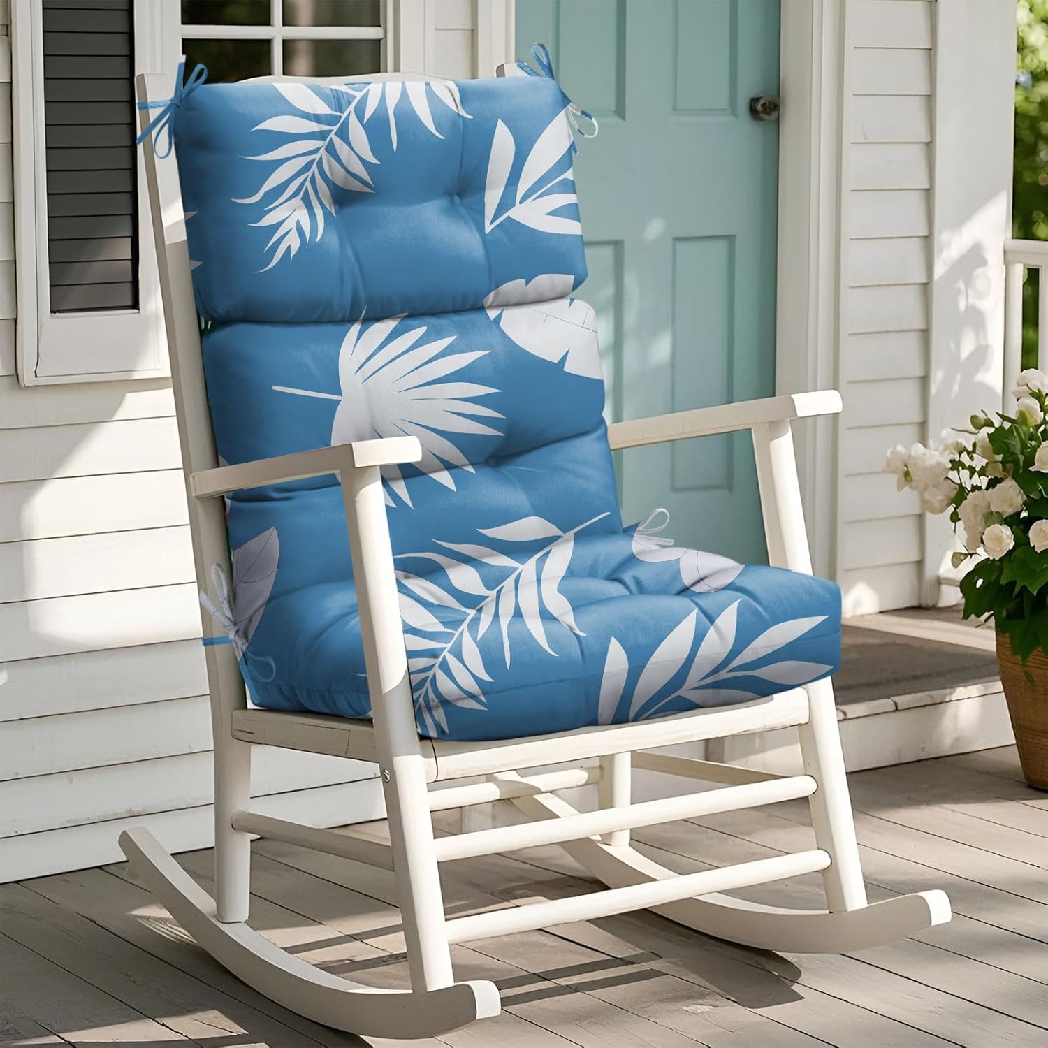 Waterproof Adirondack Chair Cushion with Ties in Blue Leaf by Uthem