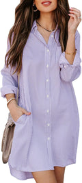 Womens Cotton Striped Button Down Shirt Dress - High Low Style