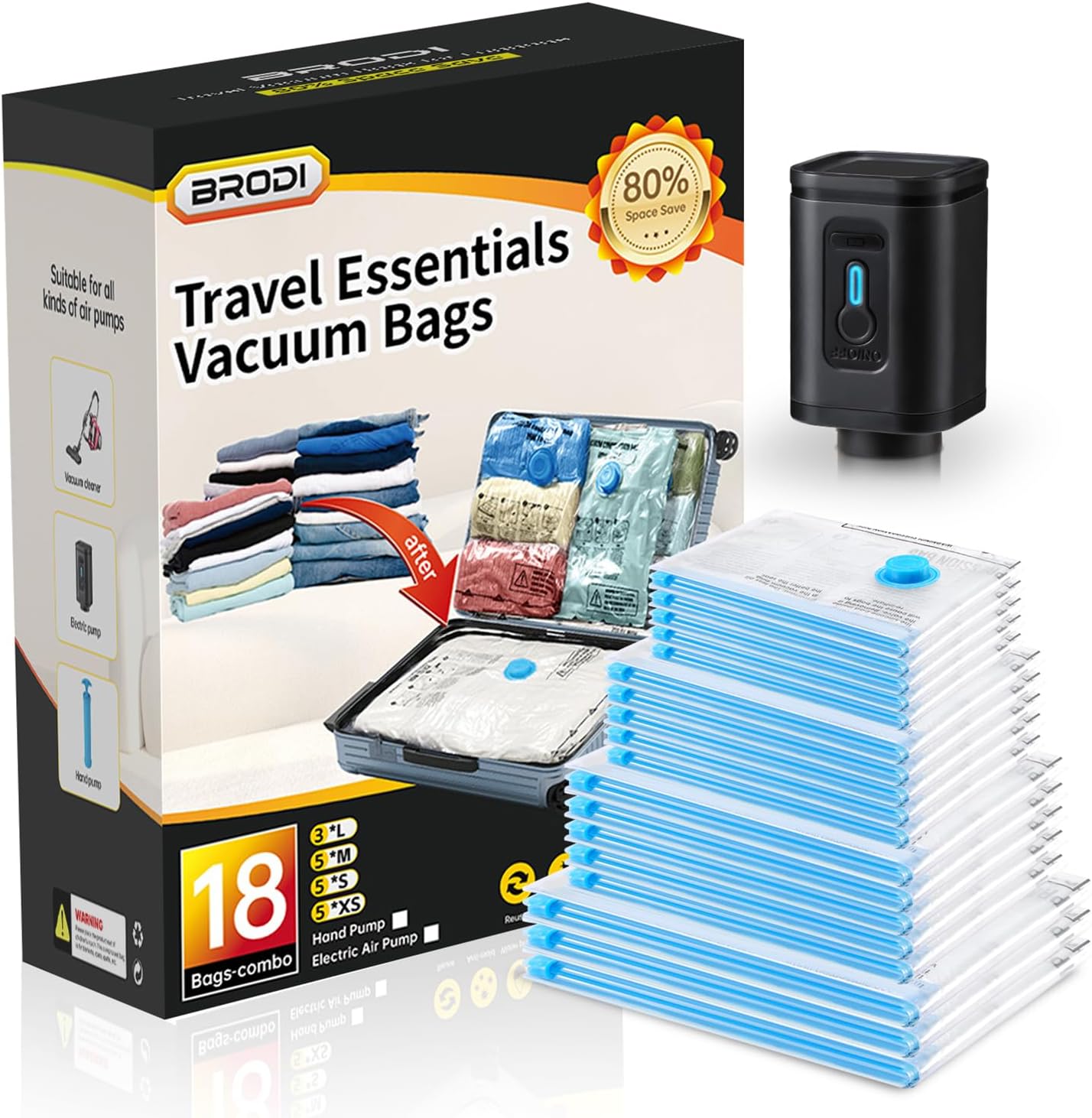 BRODI 18 Combo Pack Travel Vacuum Bags with Pump for Space Saving