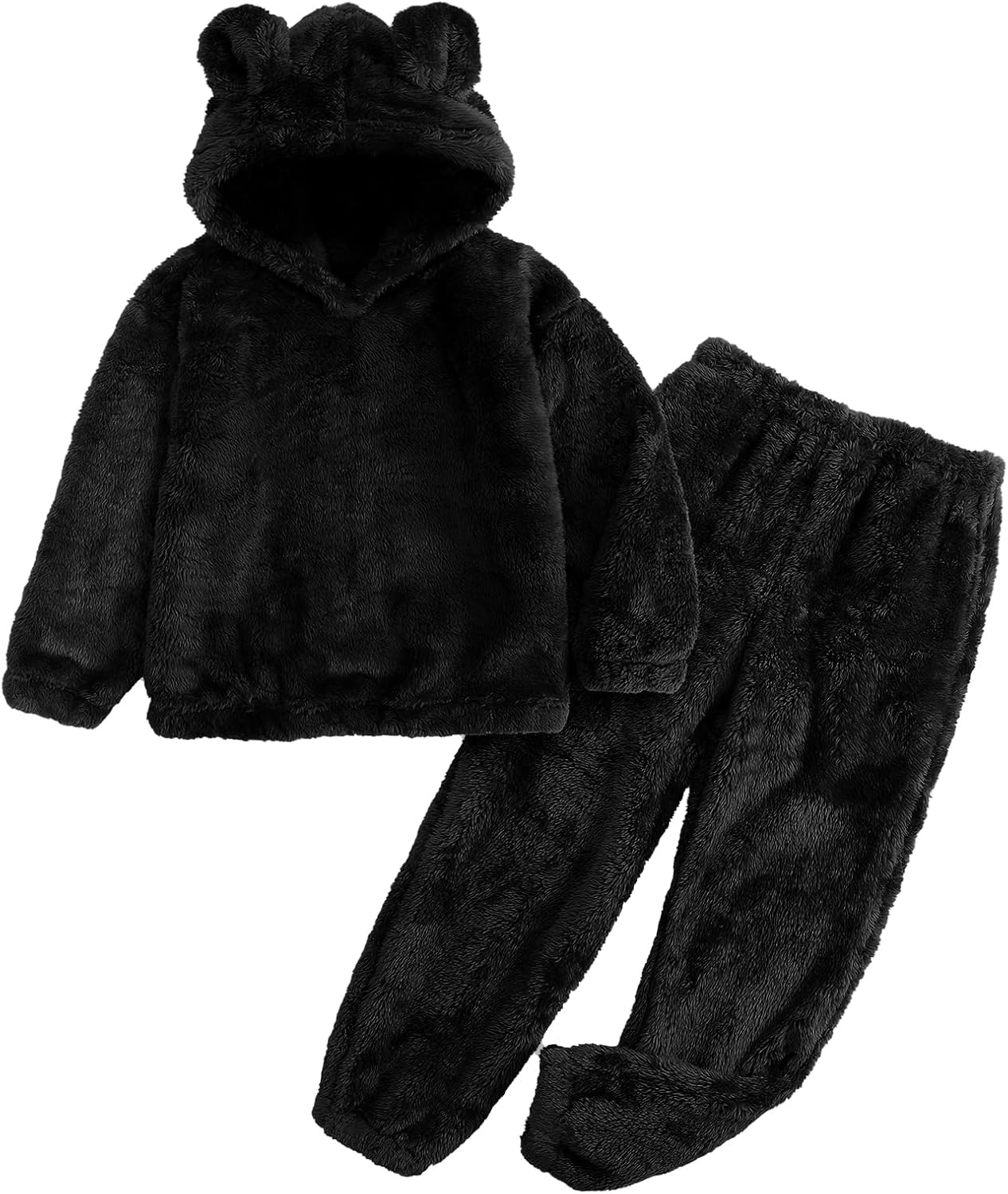 Flygo Girls Fuzzy Pants Set with Bear Ear Crop Hoodie Outfit