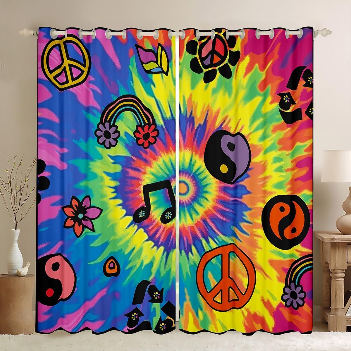 Rainbow Tie Dye Blackout Curtains - Groovy 70s Vibes