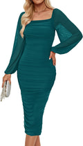 Womens Ruched Bodycon Midi Dress with Puff Sleeves - Backless Midi