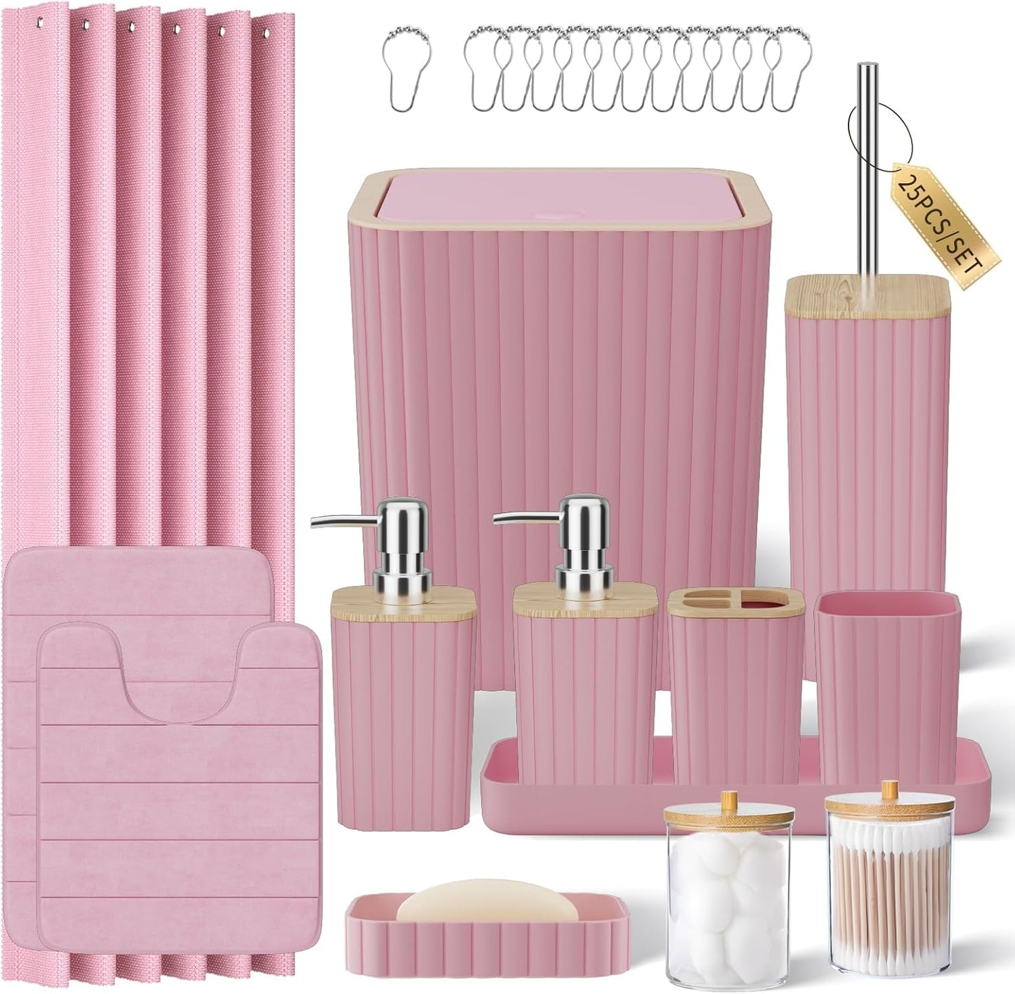 25PC Pink Bathroom Accessories Set with Shower Curtain and Rugs