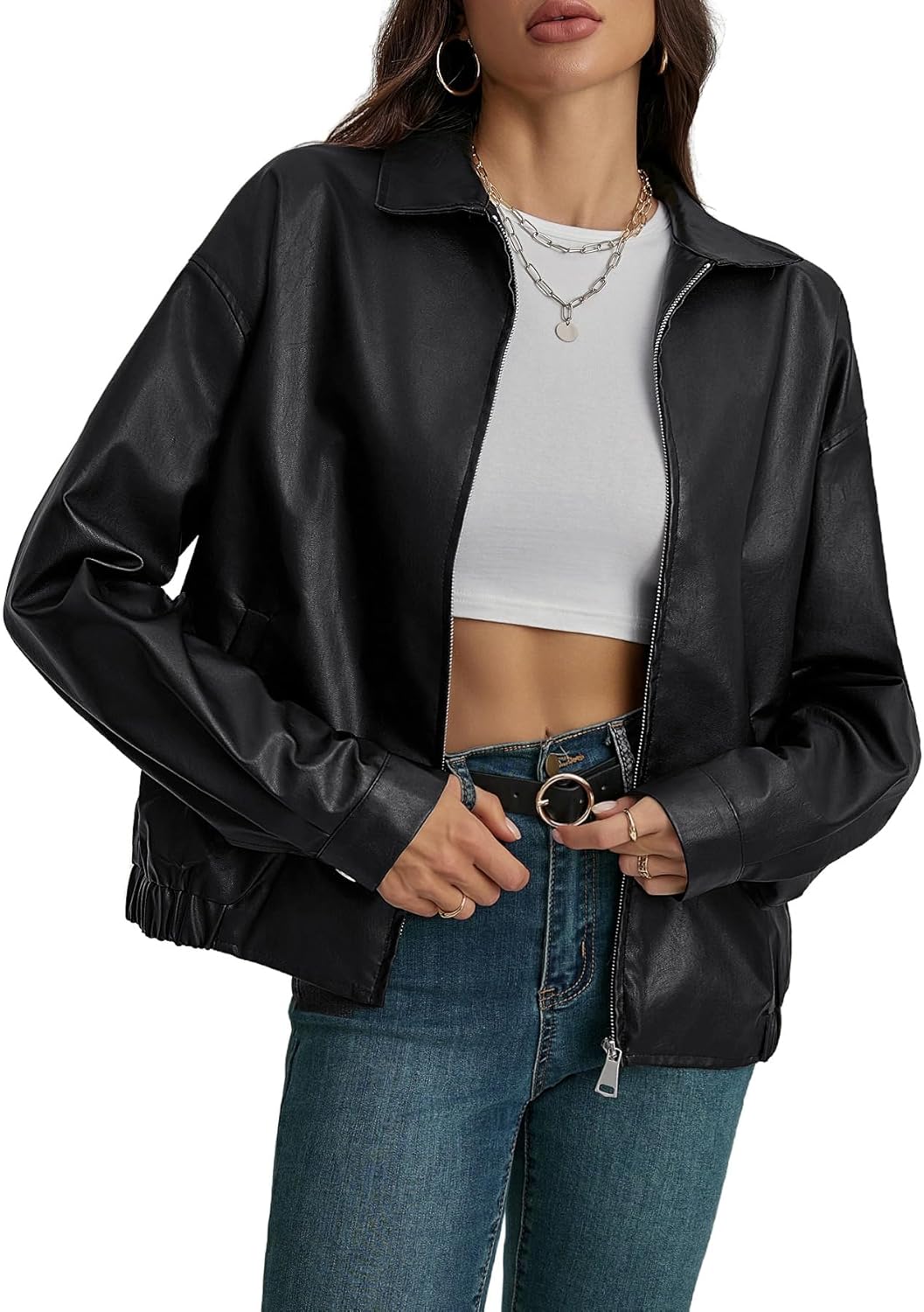 MakeMeChic Women's Faux Leather Shacket Long Sleeve Zip Up Jacket