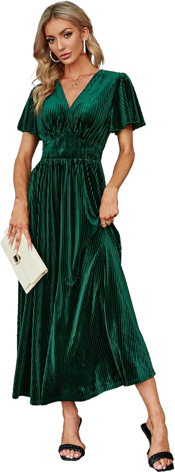 Elegant V Neck Velvet Maxi Dress for Wedding Guests and More