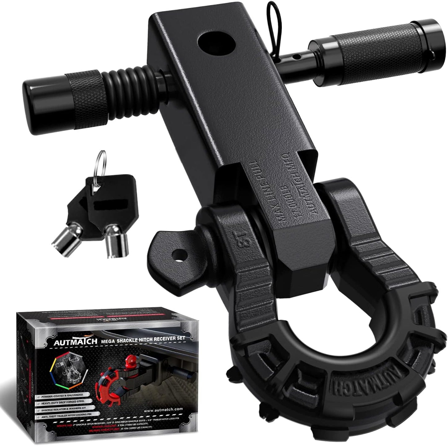AUTMATCH Shackle Hitch Receiver 2in with 3/4in D Ring Shackle