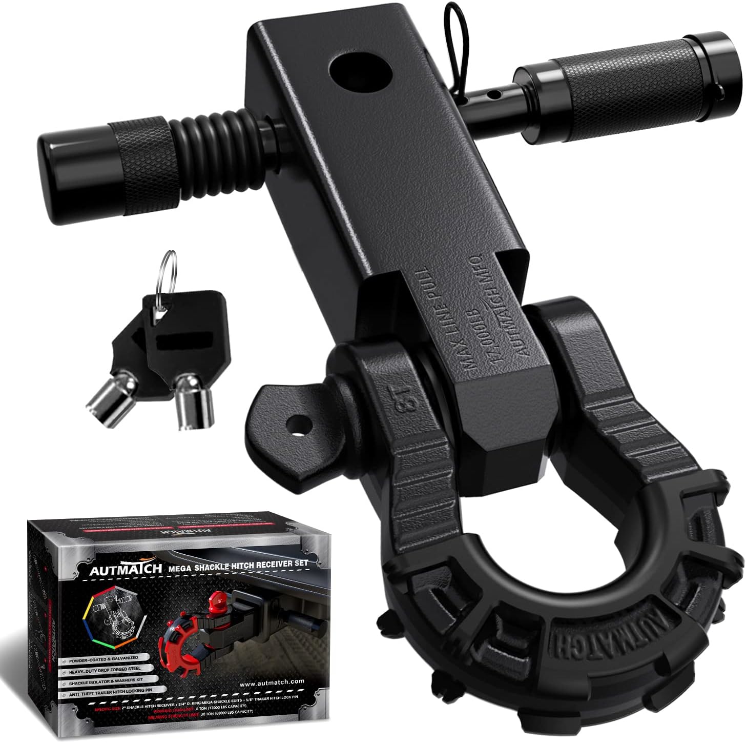 AUTMATCH Shackle Hitch Receiver 2in with 3/4in D Ring Shackle