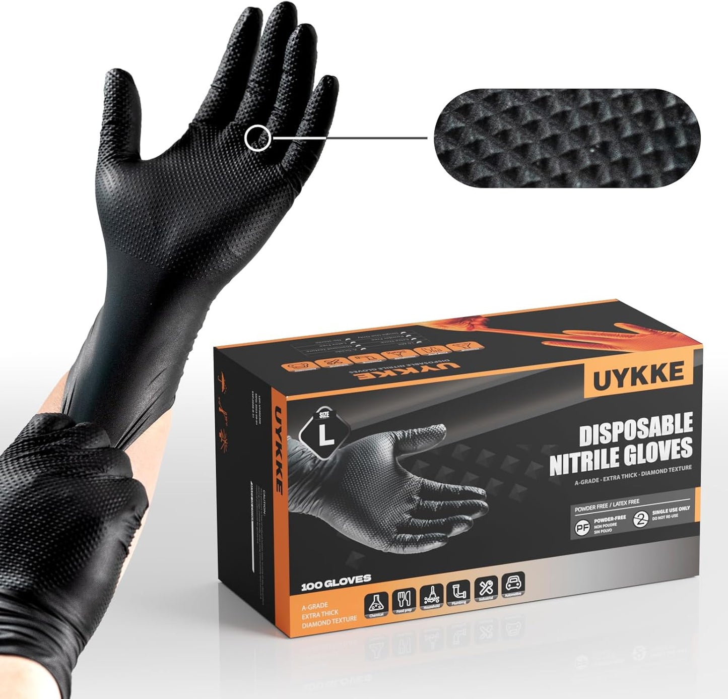 UYKKE Heavy Duty Diamond Textured Nitrile Gloves