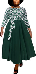 Plus Size A Line Maxi Dress with Self Tie Waist - Elegant Long Sleeve