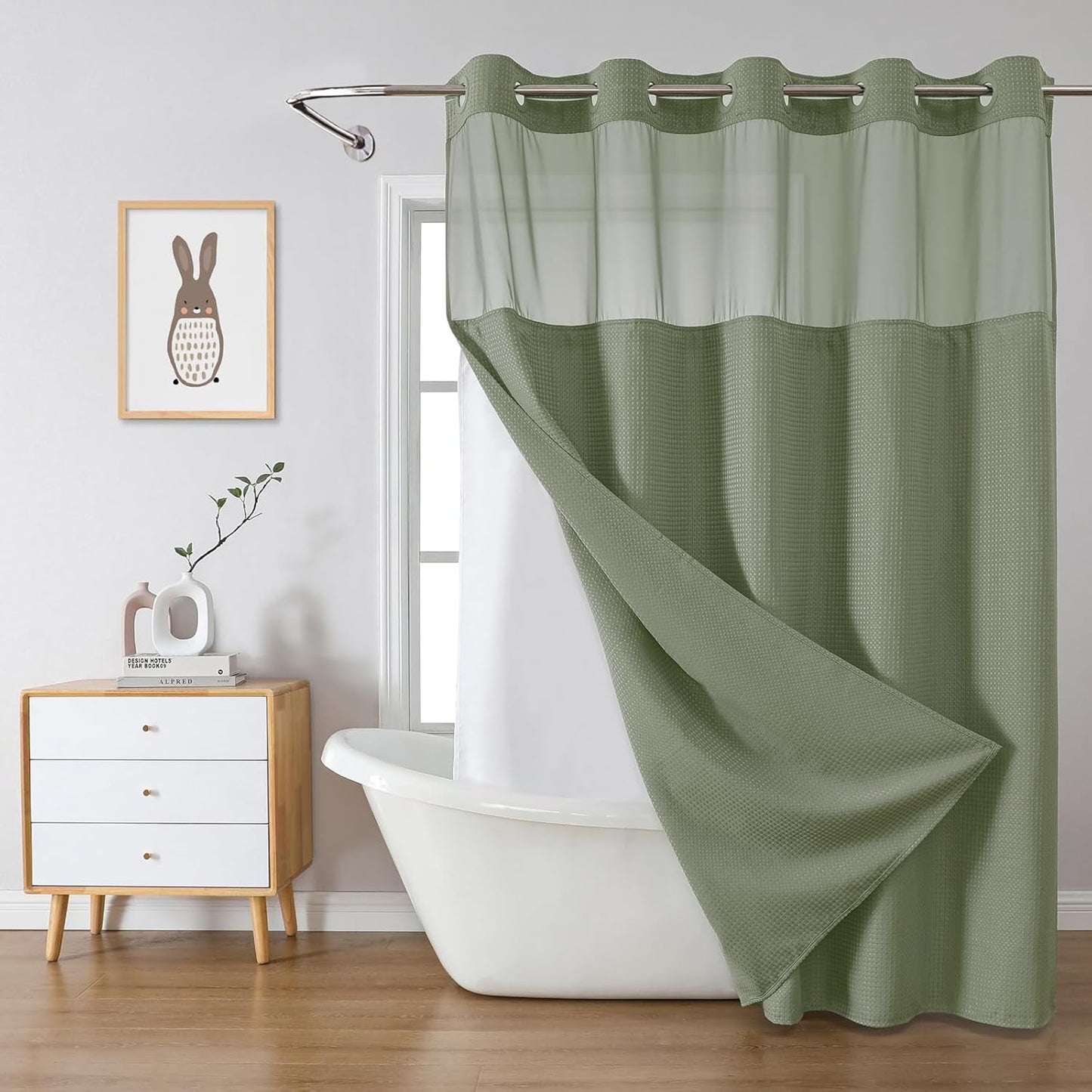 SageGreen Extra Long Waffle Weave Shower Curtain Set for Bathroom
