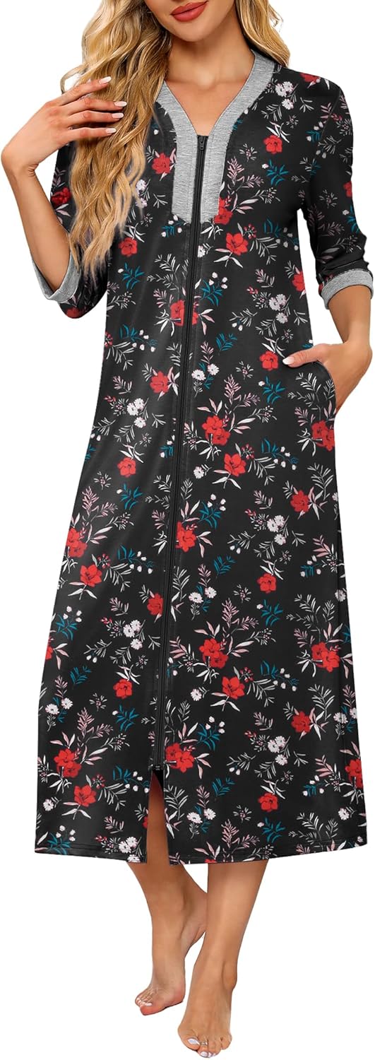 Ekouaer Women's Zipper Robe: Soft Full Length Nightgown