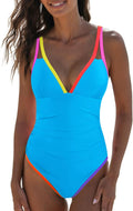 One Piece Tummy Control Swimsuit Neon Color Block - Slimming Deep V