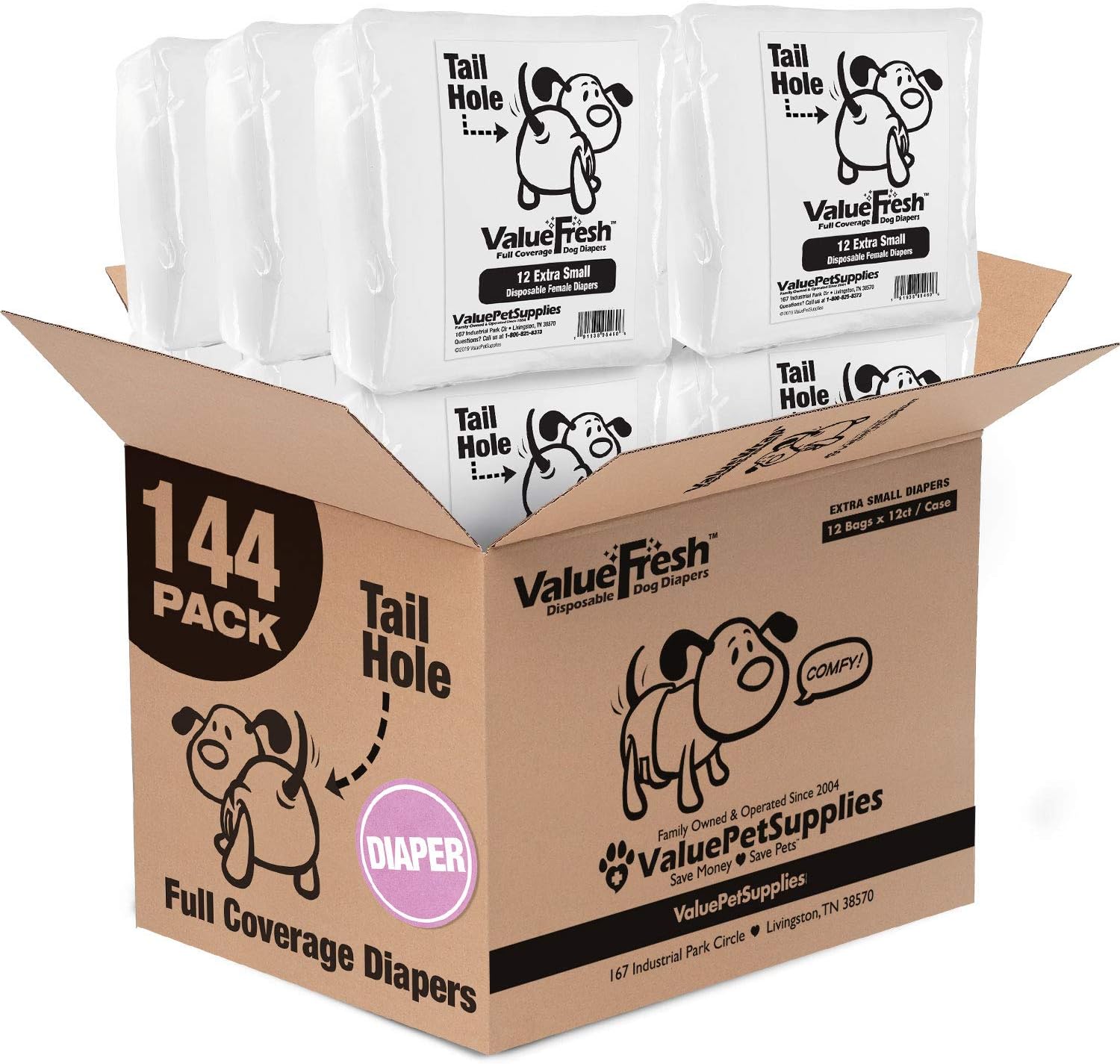ValueFresh X-Small Dog Diapers 144ct - Leak Protection & Tail Hole