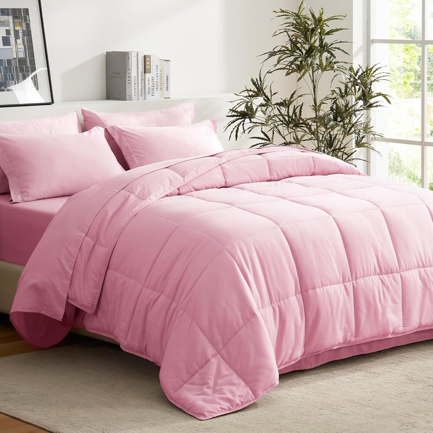 COZYART Full Comforter Set 7 Pcs, Pink Bed in a Bag for Comfort