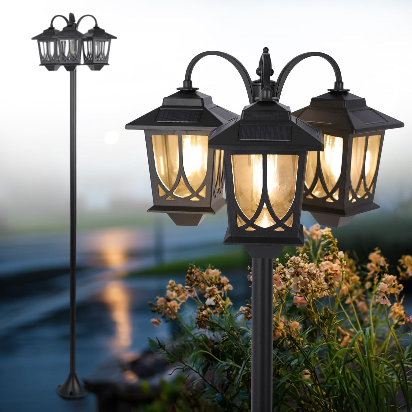 3-Head Solar Lamp Post Light for Garden, Lawn, and Yard