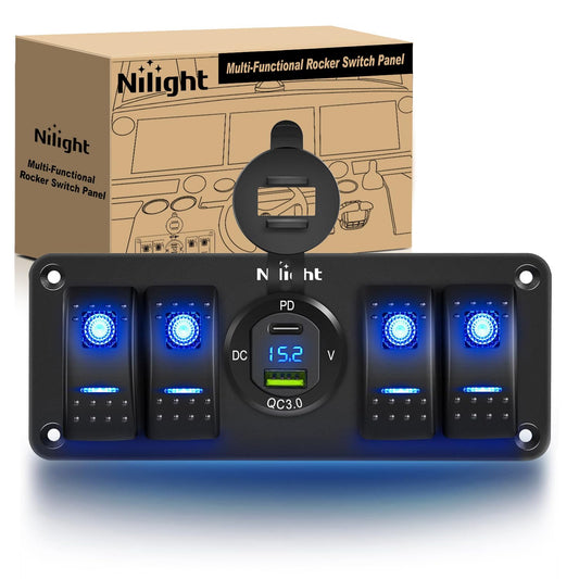 Nilight 4 Gang Rocker Switch Panel with USB Charger and Voltmeter