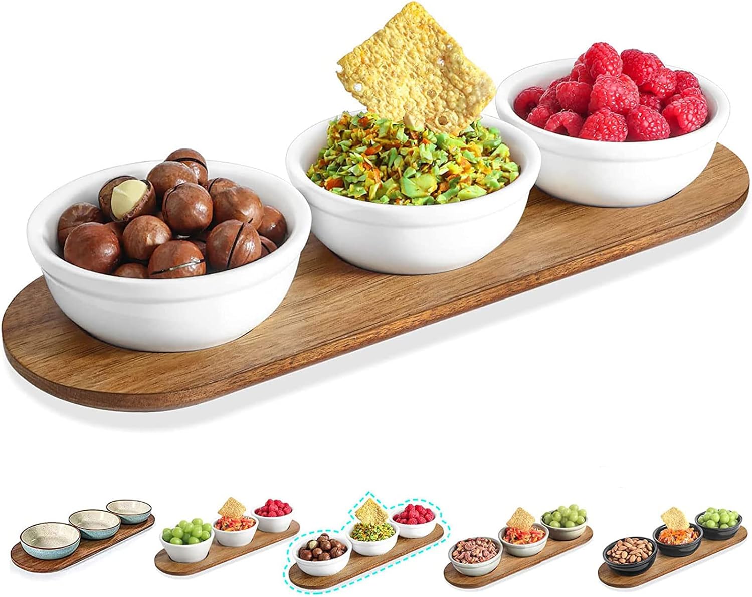 Artena 12 oz Ceramic Chip and Dip Set with Acacia Tray