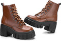 Womens Combat Boots Lightweight Lace Up Side Zipper - Chunky Heel