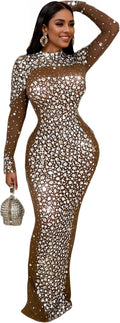Rhinestone Embellished Evening Dress for Women - High Slit Glam