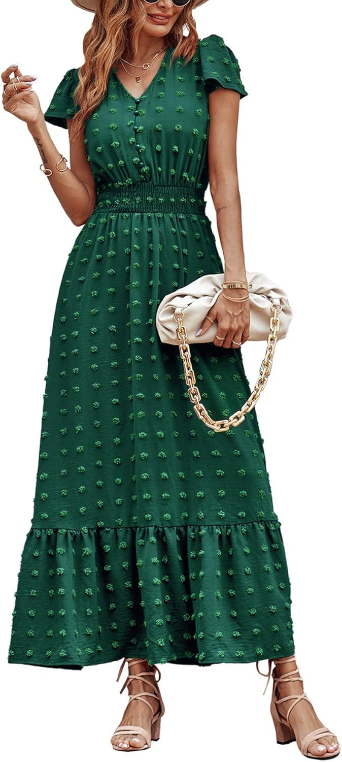 PRETTYGARDEN Womens Summer Maxi Dress Boho Short Sleeve V Neck