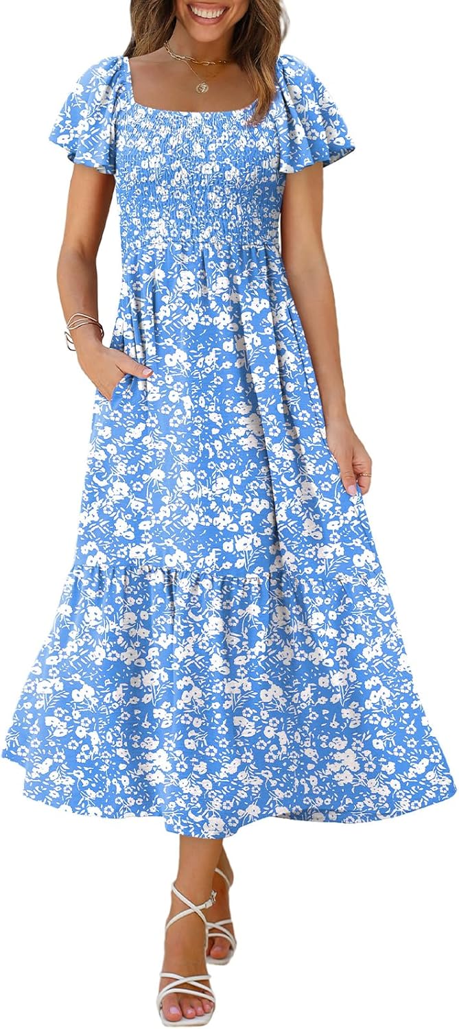 OFEEFAN Summer Dresses for Women with Square Neck and Pockets