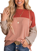 Dokotoo Color Block Long Sleeve Crewneck Pullover - Casual Knit Top