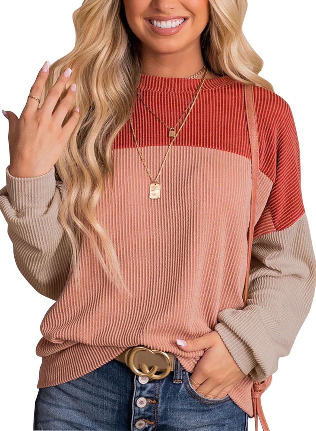 Dokotoo Womens Fashion Color Block Long Sleeve Pullover Tops
