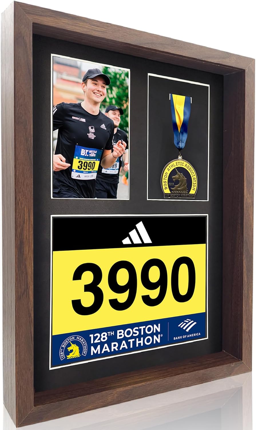 3-in-1 Shadow Box Display for Medals, Bibs & Photos - Walnut