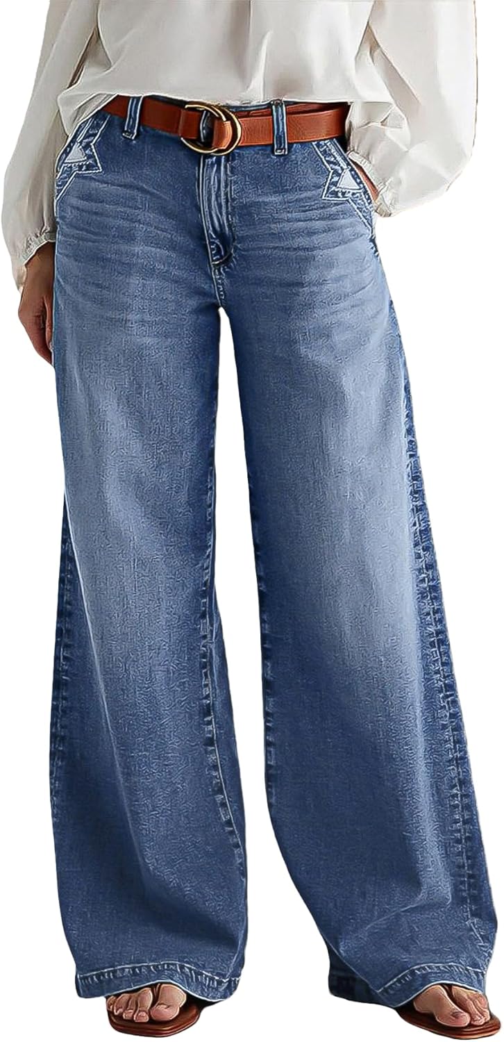 Flamingals Wide Leg Jeans for Women with Stylish Stitch Decor