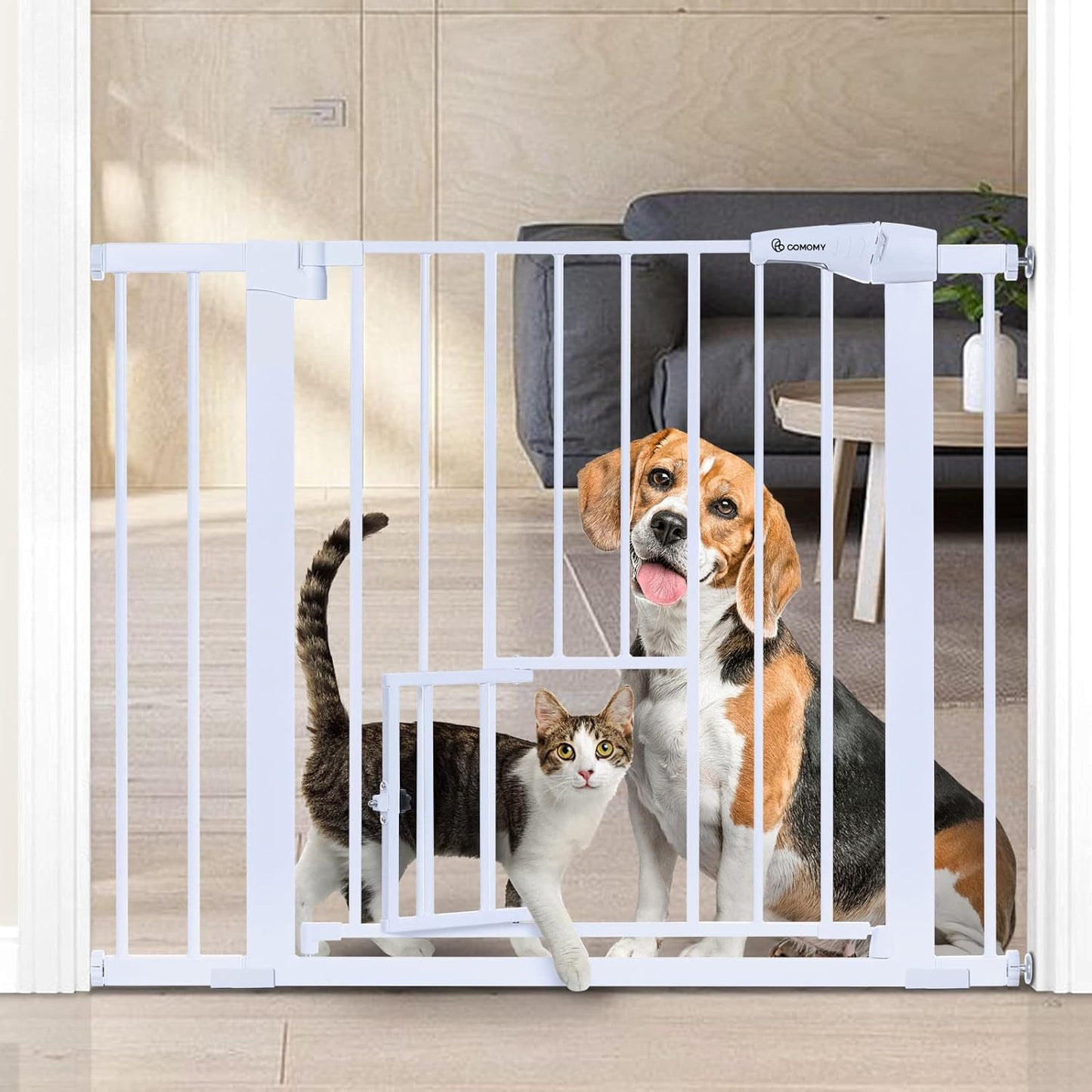 Extra Wide Auto Close Pet Gate - Easy Walk Thru, Includes Extensions, White