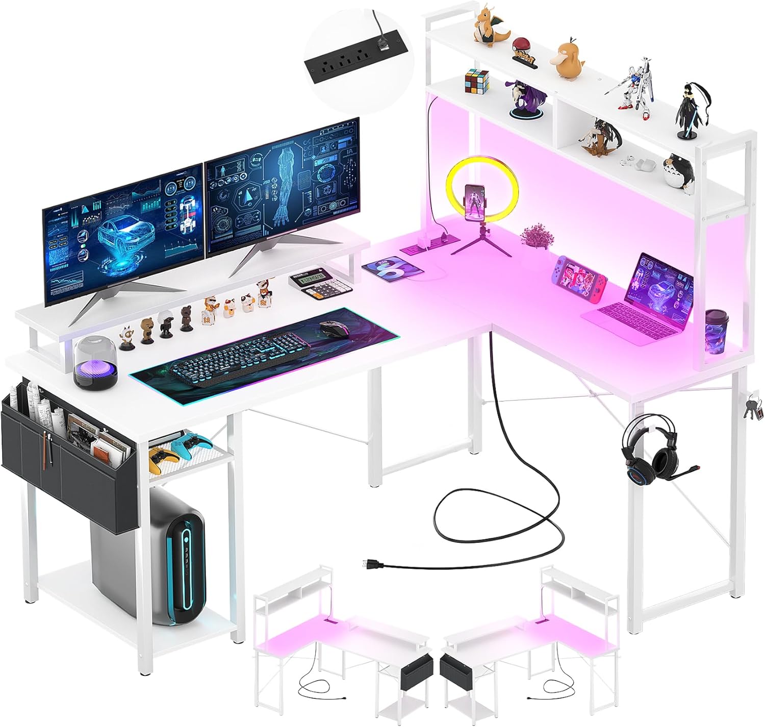 Aheaplus Small L-Shaped Desk with LED Strip & Charging Port - Space-Saving Home Office Essential