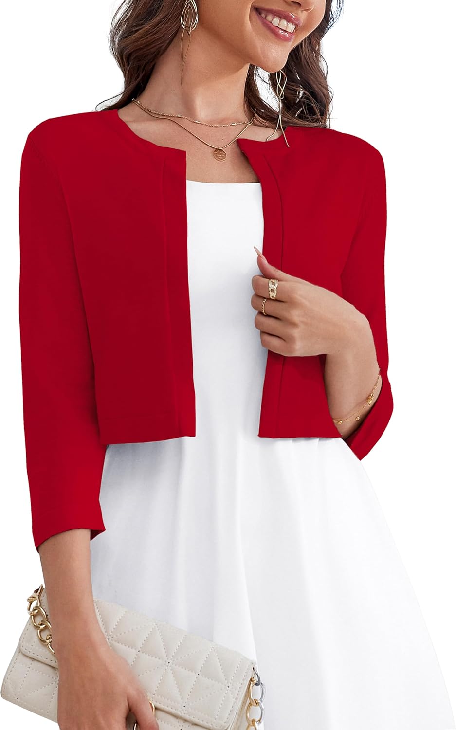 OmicGot Women's 3/4 Sleeve Open Front Knit Cropped Cardigan