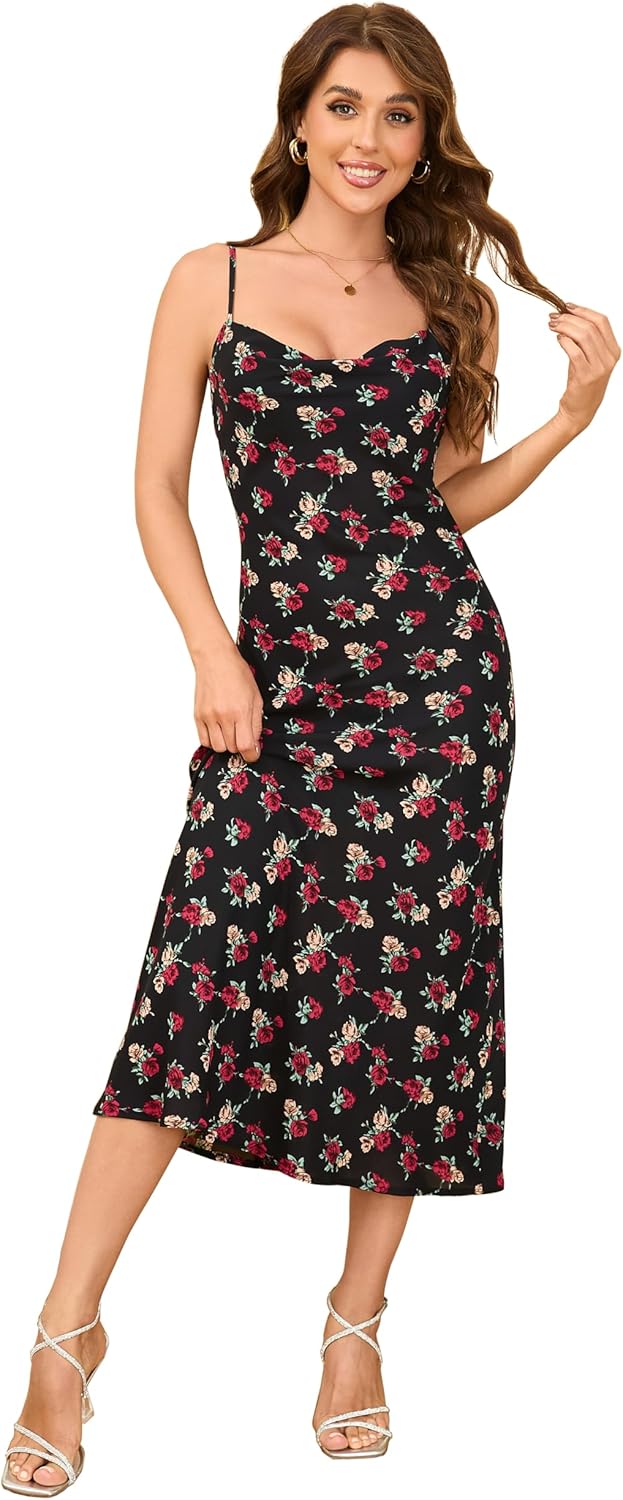 Elegant Women's Spaghetti Strap Midi Satin Silk Dress for Parties